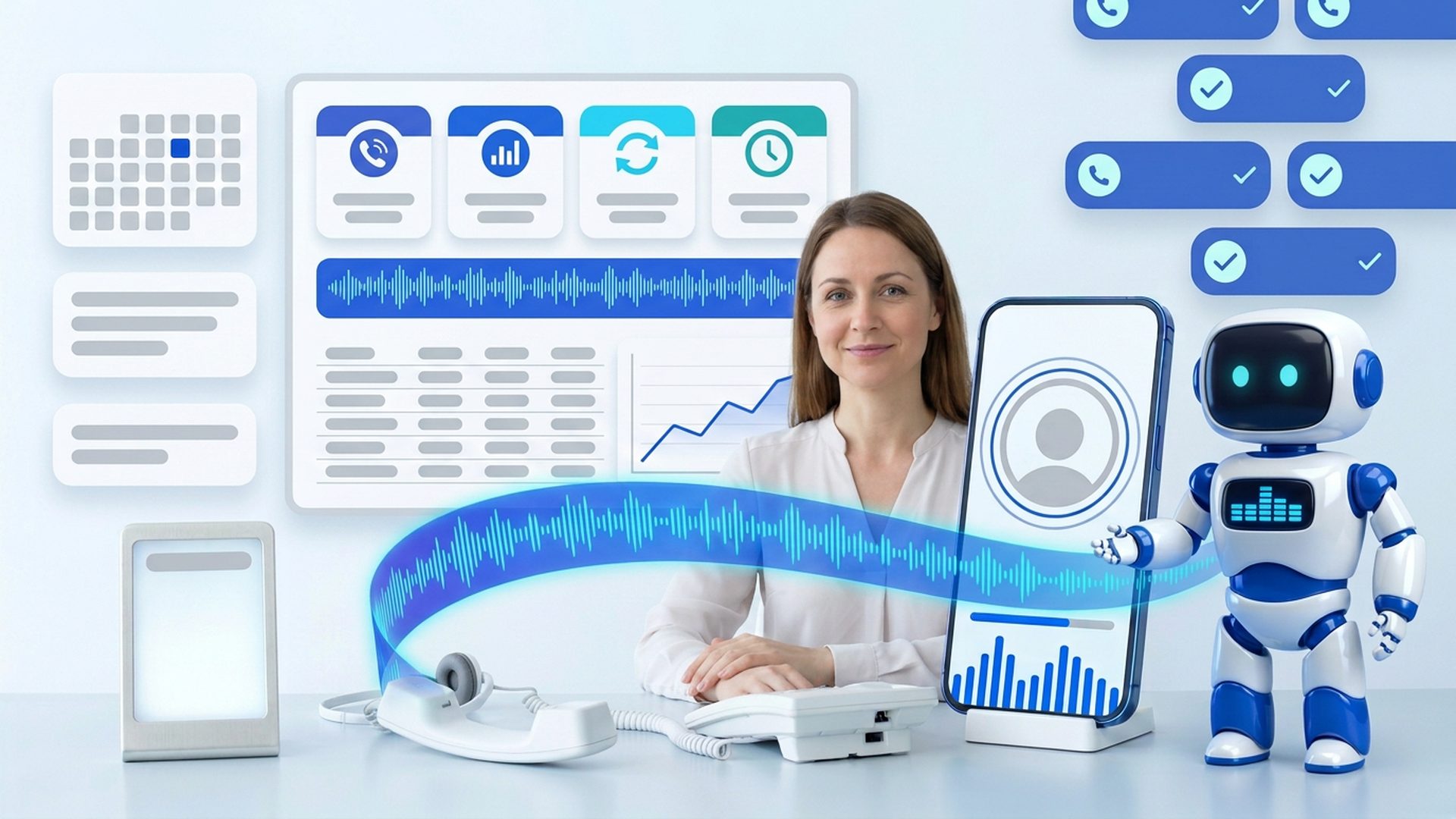 A calm telecaller at her desk beside the Wani mascot, with
   a call analytics dashboard on the wall behind